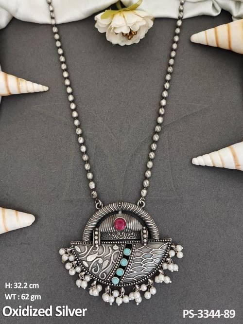 Fancy Style Antique Design Oxidised Silver Polish Party wear Oxidised Jewellery Long Pendant Set