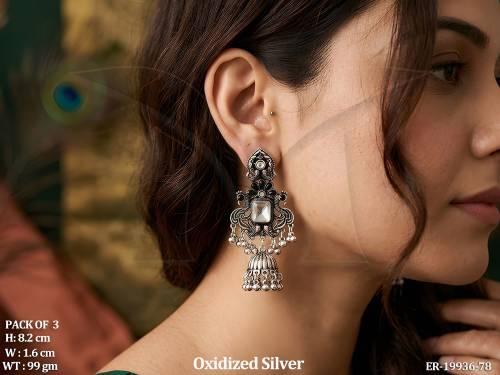 Oxidized Silver Boho Jhumka Earrings Pack of 3
