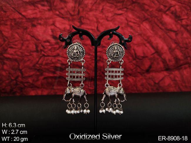 designer oxidized silver polish elephant design clustered pearl beautiful fancy style long earring