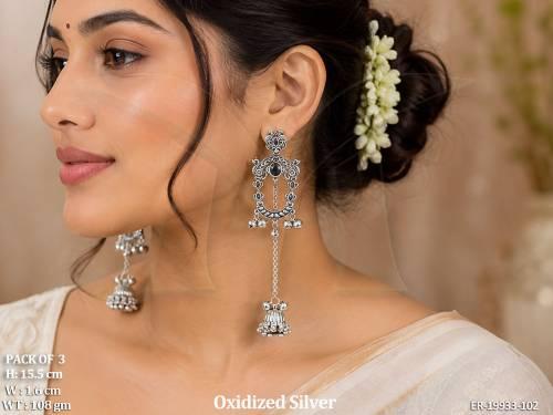 Oxidized Silver Long Jhumka Earrings Pack of 3