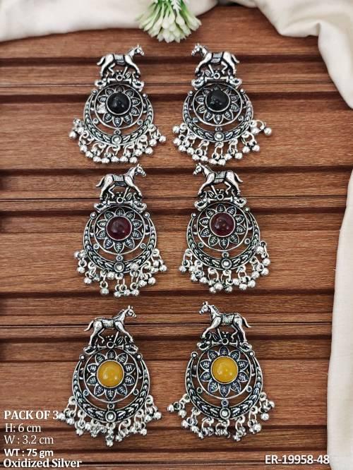 oxidized-silver-horse-statement-earrings-pack-of-3-with-stones