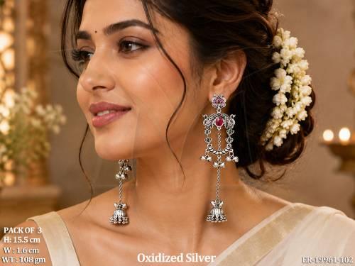 Traditional Oxidized Silver Long Jhumka Earrings Set