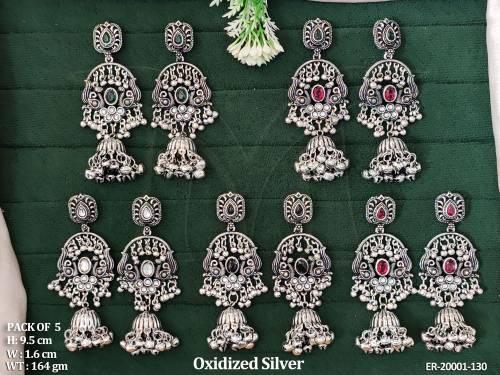 Oxidized Silver Designer Jhumka Earrings Pack of 5