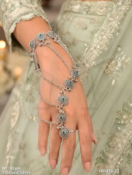 Designer Oxidized Silver Green Stone Haath Panja for Women
