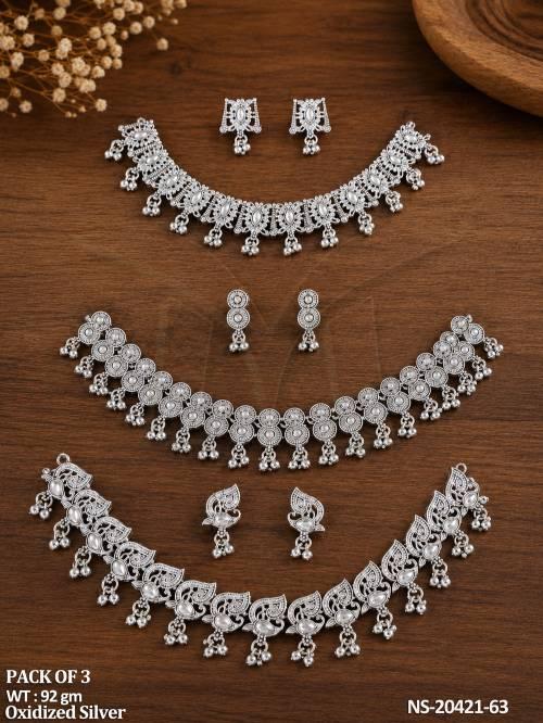 Oxidized Silver Necklace Set Pack of 3 with Earrings