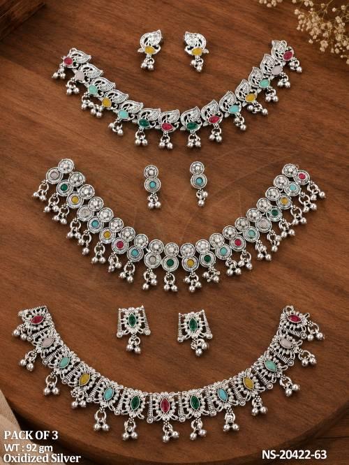 Ethnic Oxidized Silver Statement Necklace Pack of 3