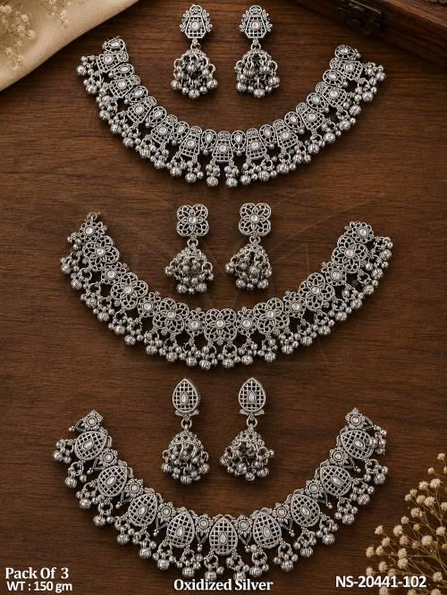 Traditional Oxidized Silver Necklace Set Pack of 3