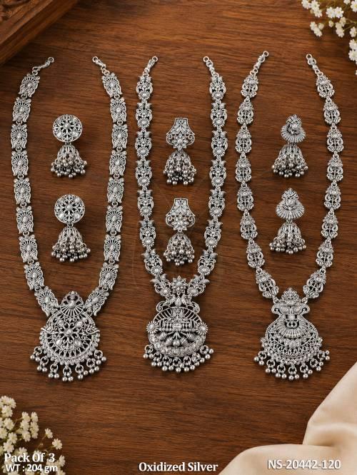 Traditional Oxidized Silver Long Necklace Pack of 3