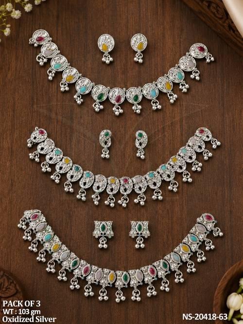 Oxidized Silver Multicolor Necklace Set Pack of 3