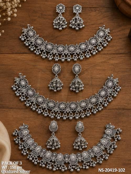 Oxidized Silver Necklace Set Pack of 3 with Jhumkas