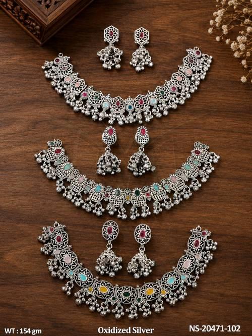 Oxidized Silver Multicolor Stone Necklace Set