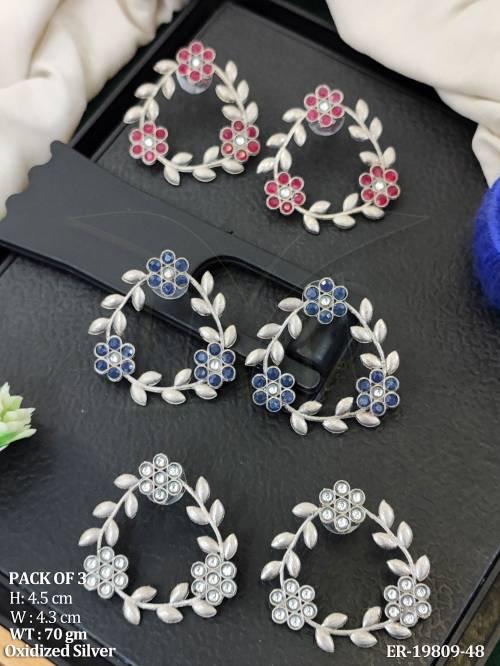 oxidized-silver-floral-hoop-earrings-pack-of-3-for-women
