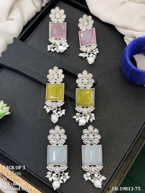 oxidized-silver-square-stone-pearl-drop-earrings-pack-of-3