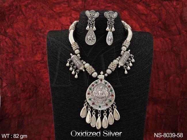 Beautiful Fancy Style Oxidized Silver Polish Designer Tresses Clustered Pearl Party wear Long Necklace Set