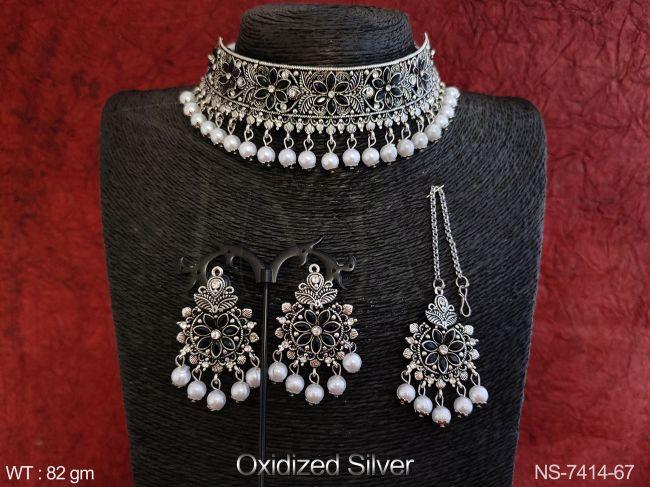 OXidized Silver Polish Beautiful Designer Clustered Pearl full white Stones Party wear Choker Necklace Set