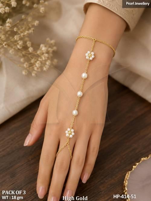 High Gold Floral Pearl Haath Pan Bracelet for Women