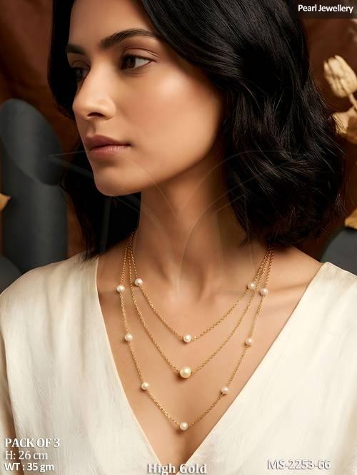 High Gold Layered Pearl Chain Mala Necklace for Women