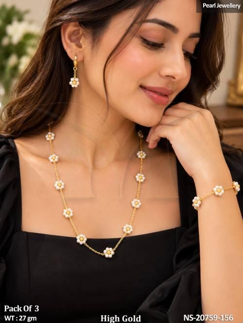 High Gold Pearl Chain Necklace Set Pack Of 3