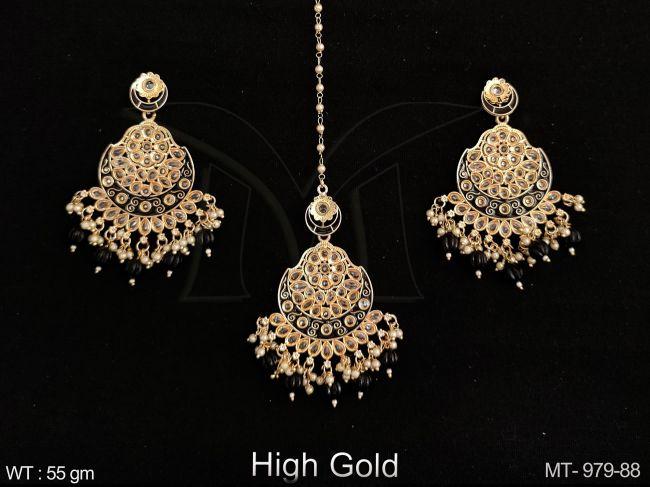 Beautiful Polki Jewelry Full Polki white stones Designer Clustered Pearl High gold Polish Party wear Maang Tikka