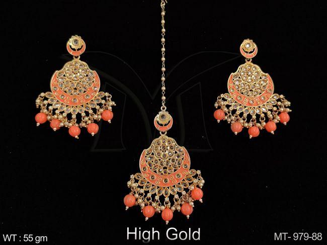 Beautiful Polki Jewelry Full Polki white stones Designer Clustered Pearl High gold Polish Party wear Maang Tikka — MT-979-88