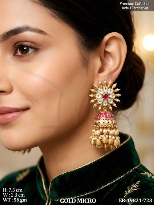 Premium Gold Micro Jadau Floral Jhumka Earrings for Women