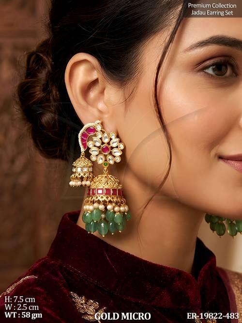 Royal Gold Micro Kundan Dual Jhumka Wedding Earrings