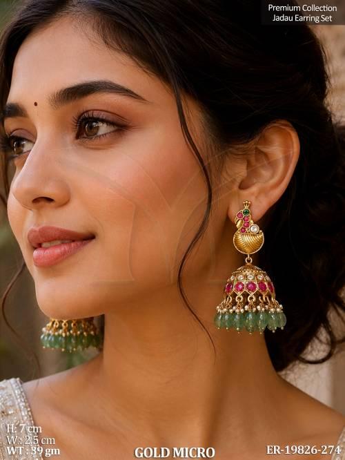 Premium Jadau Peacock Gold Micro Jhumka Earrings