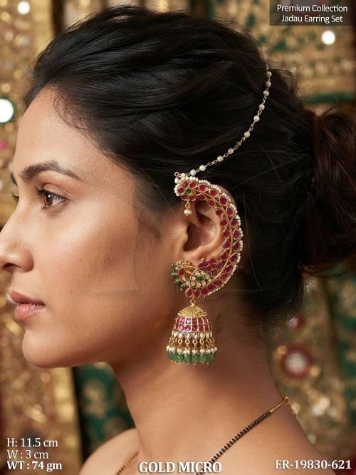 Premium Jadau Peacock Ear Chain Jhumka Earrings