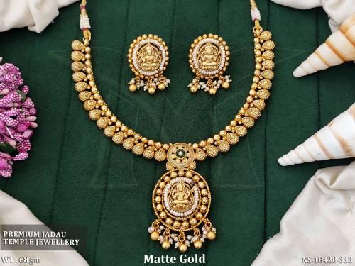 Temple Designer Matte Gold Polish Full Stone Fancy Style Necklace Set  