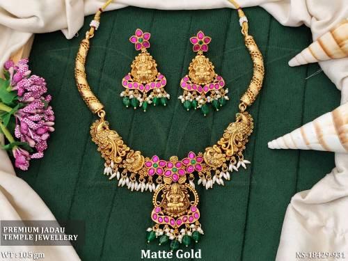 Premium Jadau Temple Matte Gold Polish Short Necklace Set  