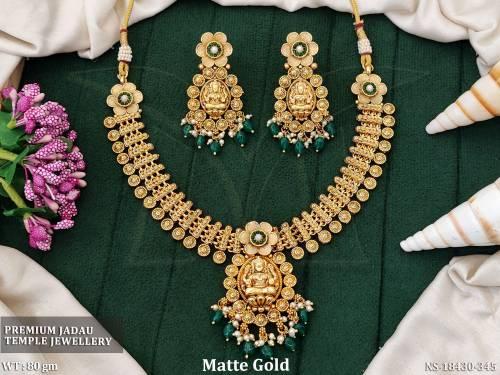 Beautiful Matte Gold Polish Full Stone Temple Jadau Necklace Set  