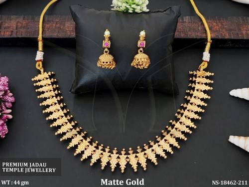 Premium Jadau Temple Necklace Set with Matte Gold Finish 