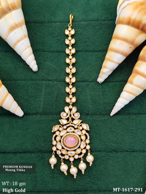 Bridal Maang Tikka in Green Kundan  Pearl Design