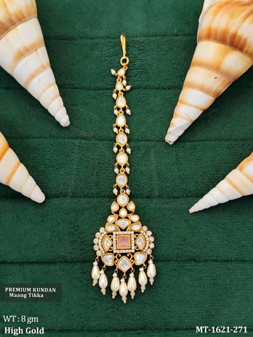 Elegant Kundan Tikka with Hanging Pearls Stones  
