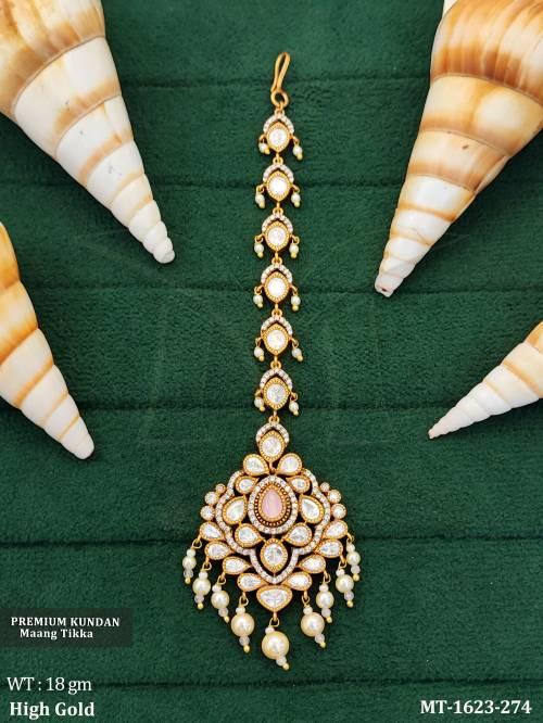 Heavy Bridal Kundan Tikka with Pearl Hangings  