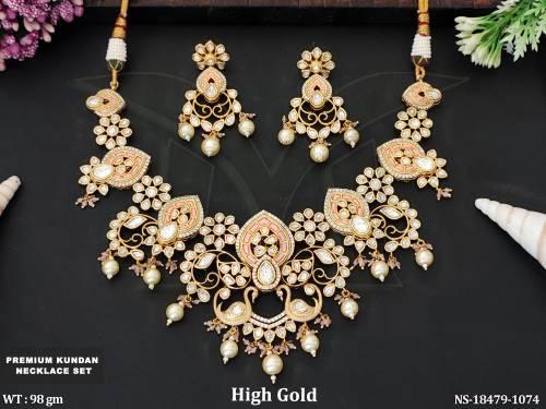 Luxury High Gold Kundan Polki Necklace Set for Weddings 