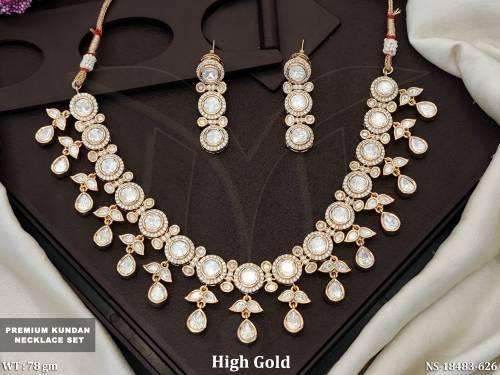 Premium High Gold White Kundan Necklace Set with Earrings 