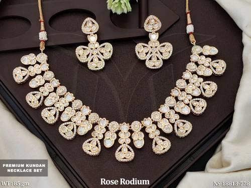 Kundan Rose Rodium Polish Short  Necklace set  