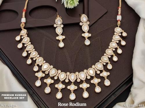 Kundan Designer Rose Rodium Polish  Necklace Set   