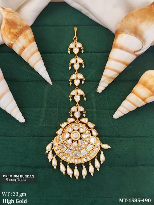 Premium Kundan High Gold Polish Clustered Pearl Party Wear Maang Tikka   