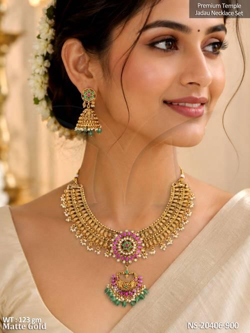Premium Temple Jadau Matte Gold Necklace Set