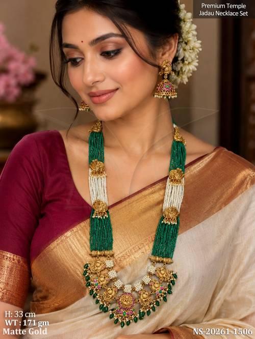 Premium Temple Lakshmi Matte Gold Green Beads Necklace Set