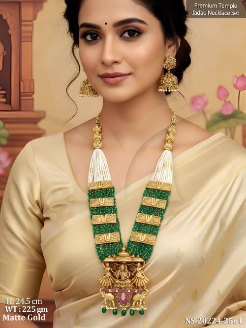 Premium Temple Jadau Lakshmi Matte Gold Polish Long Necklace Set