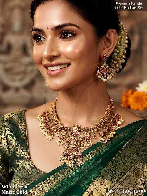 Designer Temple Jadau Pearl Necklace Set with Earrings