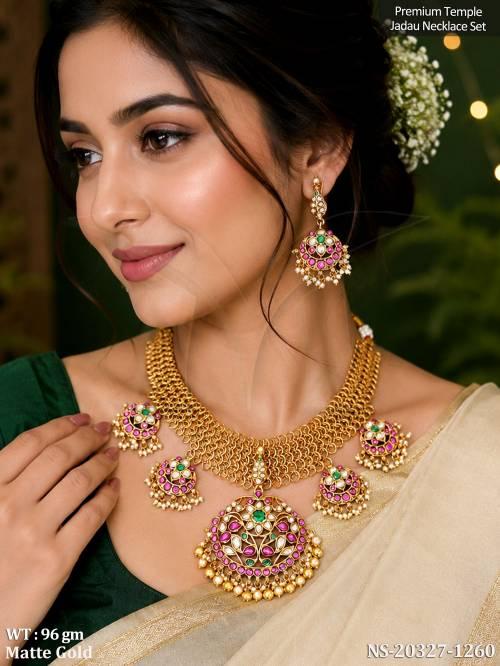 Traditional Matte Gold Temple Jadau Statement Necklace Set