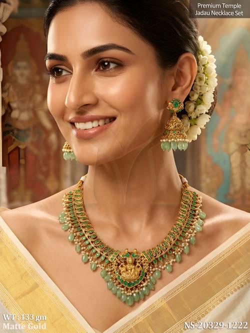 South Indian Matte Gold Temple Full Stone Necklace Set