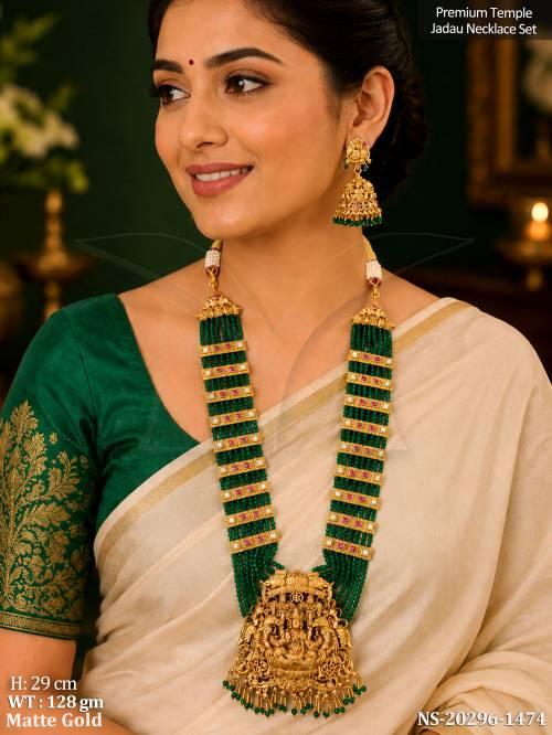 Premium Temple Jadau Matte Gold Lakshmi Long Necklace Set