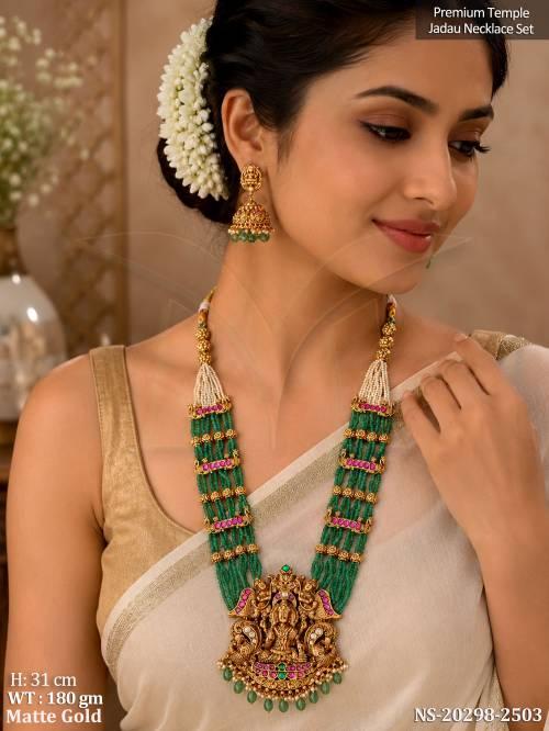 Designer Matte Gold Temple Lakshmi Necklace with Jhumkas