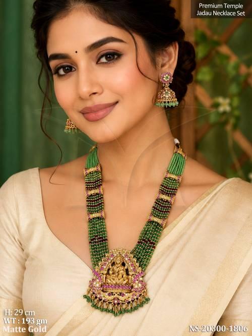 Heritage Matte Gold Goddess Lakshmi Long Haram with Jhumkas