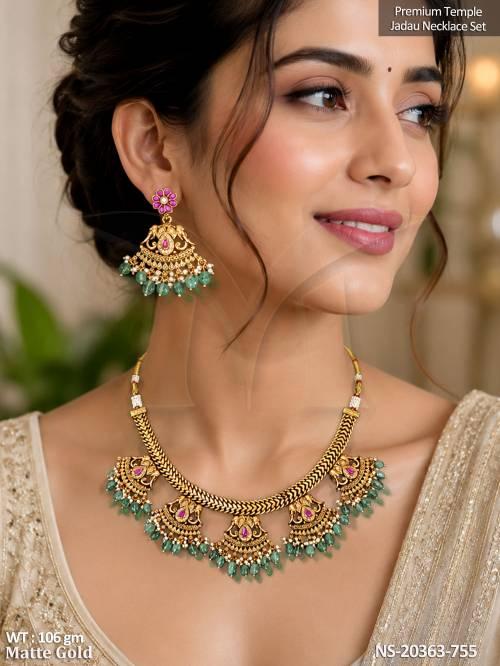 Designer Matte Gold Temple Short Necklace Set 